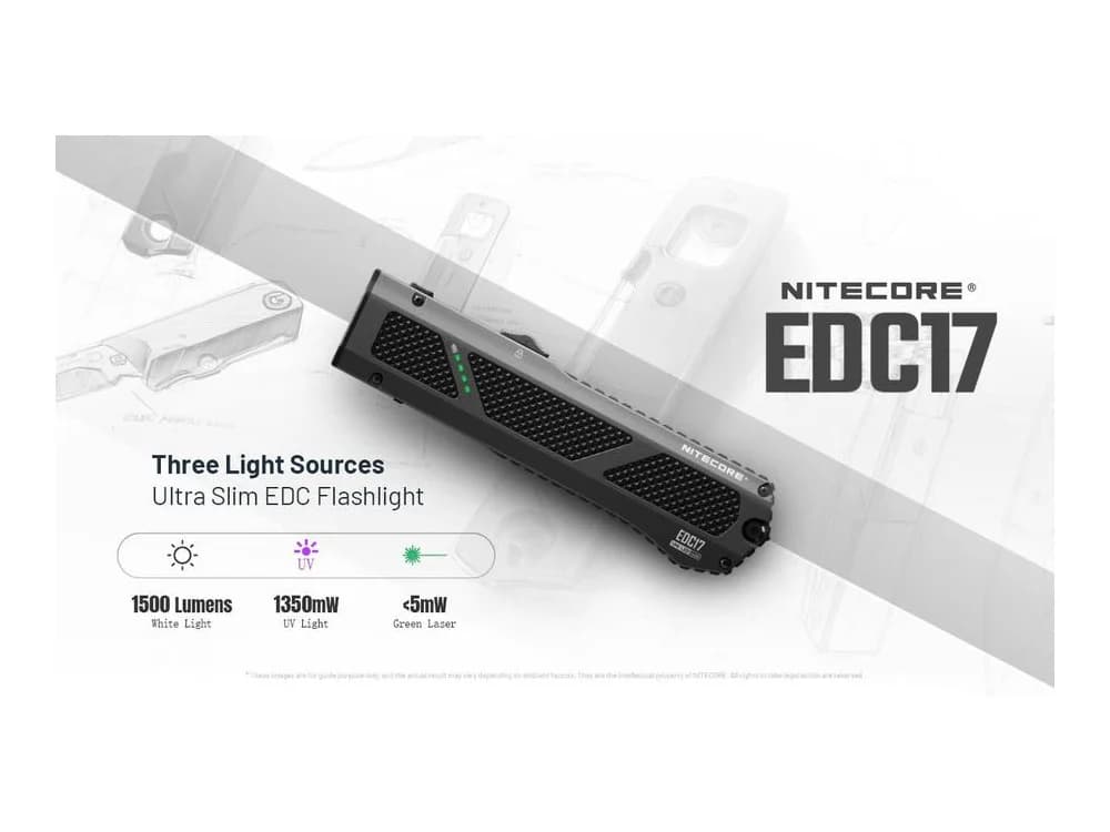 Nitecore EDC17 1500 Lumen Rechargeable EDC Flat Flashlight with White LED, UV, and Green Laser view 2